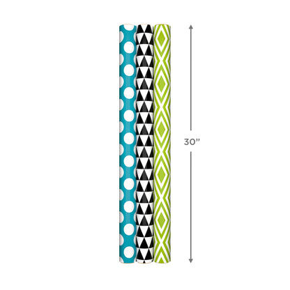Hallmark Modern Wrapping Paper Rolls for Birthday, Graduation, Christmas, Gift Wrap Paper (Set of 3 Reversible Rolls: 75 sq. ft. ttl.) Black, White, Blue, Orange, Yellow & Green for All Occasions