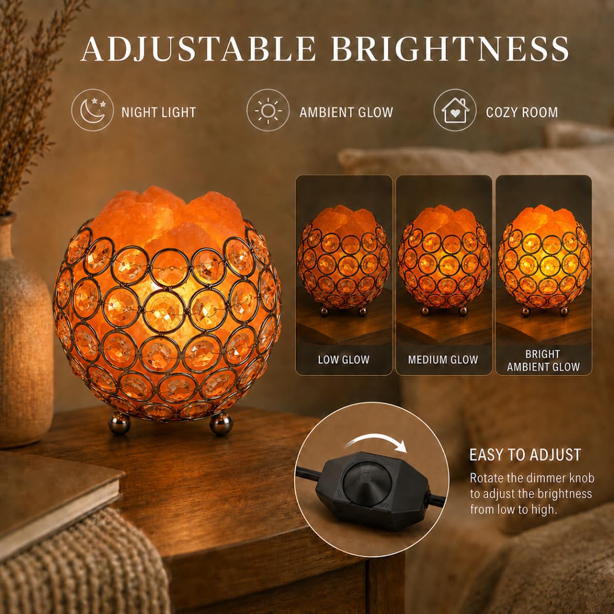 LOOPUPU Himalayan Salt Lamp 5in Plug-in Natural Pink Salt Rock Night Light Dimmer Switch 2 Bulbs Included Bedroom Desk Decor (Jeweled Globe)