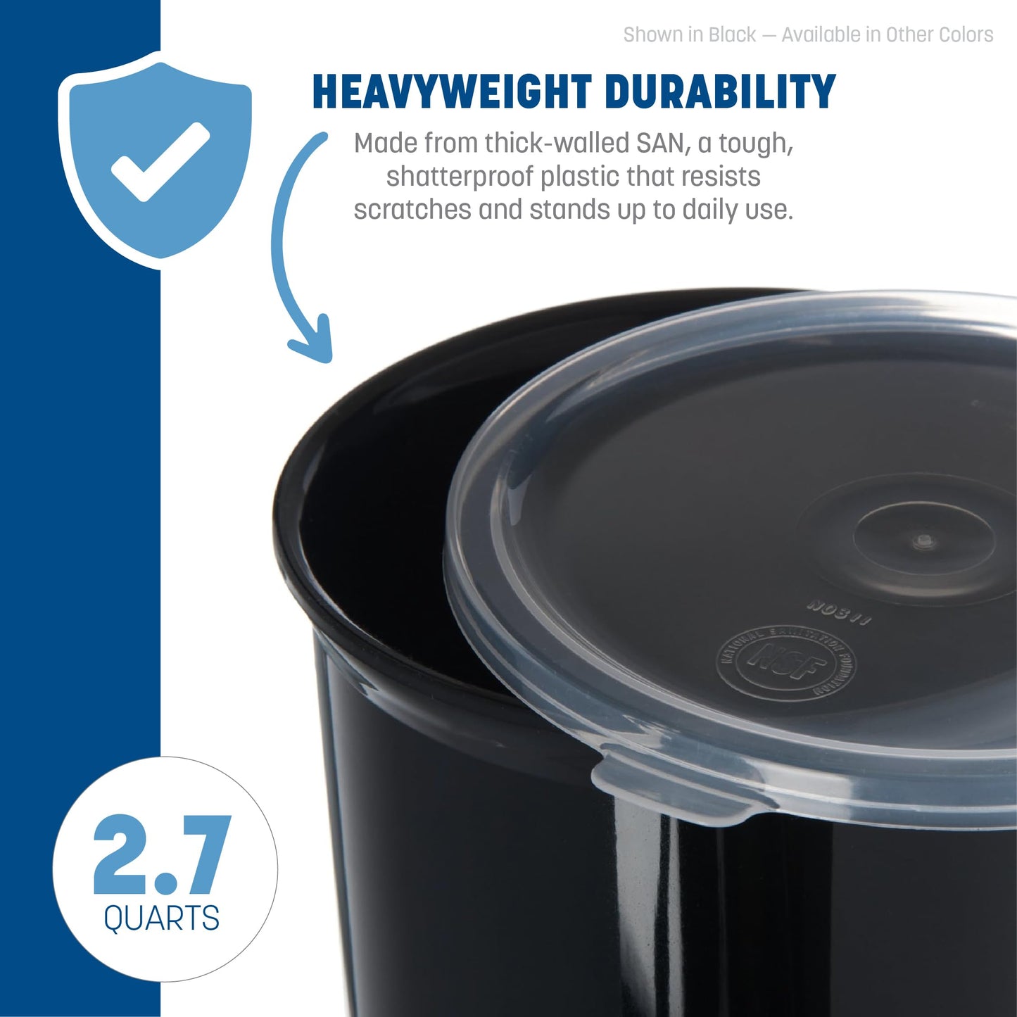 Carlisle FoodService Products Classic Round Storage Container Crock with Lid for Kitchen, Restaurants, Home, Plastic, 2.7 Quarts, Black, (Pack of 6)