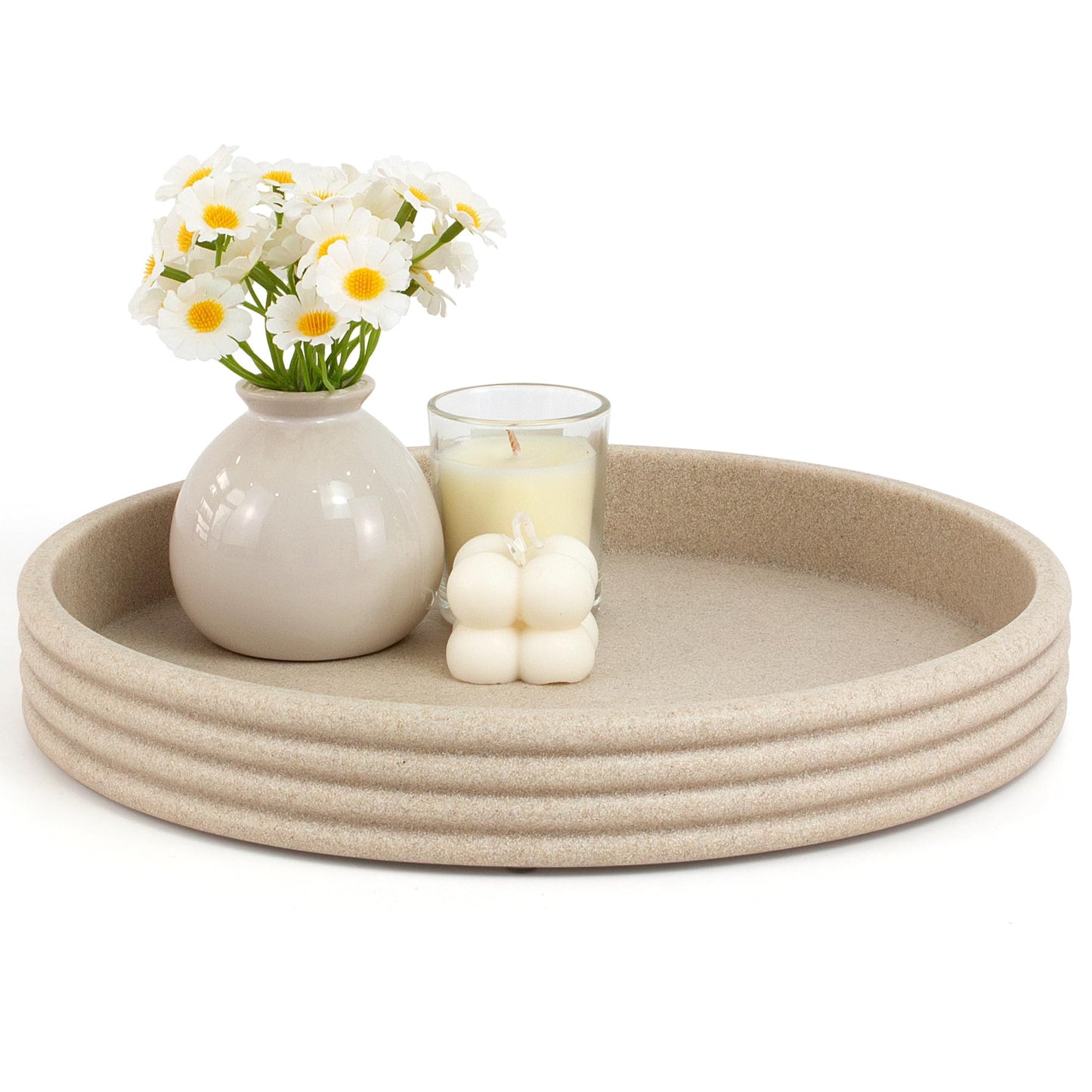 YMXYJM Round Decorative Tray - Modern Coffee Table Tray Decor, Resin Home Decor for Living Room & Bedroom. Multi-Functional Coffee Table Centerpiece with Anti-Slip Pads - 11x1.5 Inch Key Trays - Beige