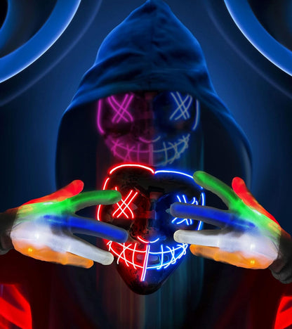AnanBros Scary Halloween Mask Skeleton Gloves Costumes for Men, 3 Modes Purge Mask Light Up 6 Modes LED Glow Gloves, LED Anonymous Scream Halloween Mask, Halloween Costumes for Boys Kids Adult