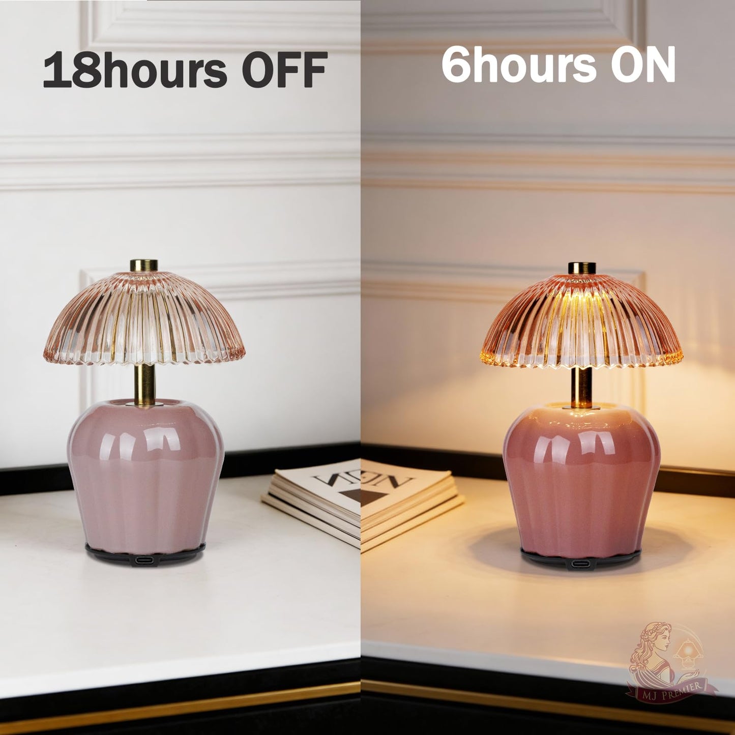 MJ PREMIER Rechargeable Table Lamp, Cordless Lamp with Timer, Mini Glass Mushroom Lampshade, Small Table Lamps, Decorative Led Light for Bedroom Living Room Shelf (Pink)