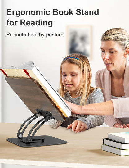 Tounee Book Stand for Reading, Adjustable Book Holder with 360° Swivel Base, Foldable Cookbook Stand Recipe Book Holder with Elastic Page Clips for Music Scores, Recipe, Tablet, Laptop-Black