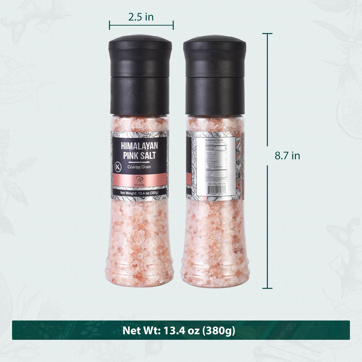 Soeos Salt Grinder Set, Himalayan Pink Salt, Coarse Grain, Salt for Grinder Refill, 13.4 Oz (380g), Refillable Plastic Bottle, Rock Salt, Kosher Salt Set (Pack of 1)