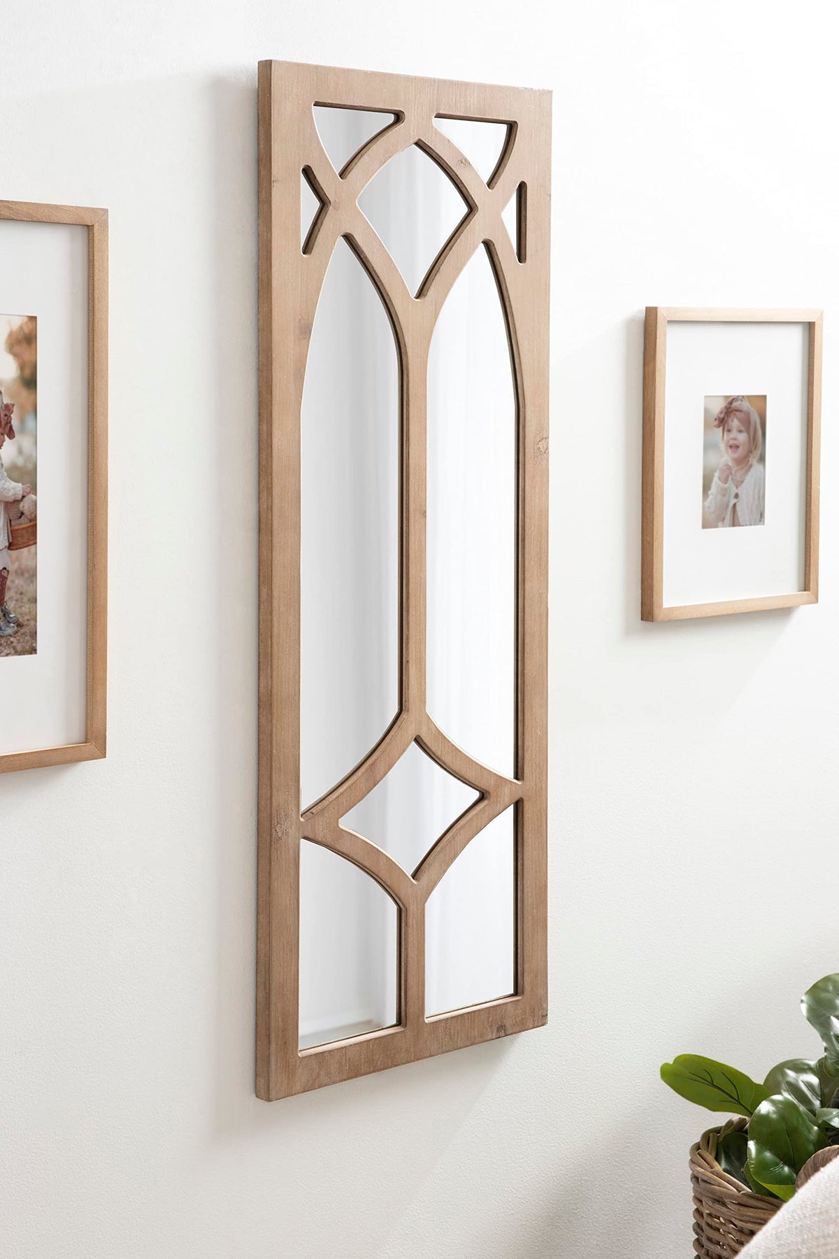 Kate and Laurel Pierette Windowpane Mirror, 16 x 42, Natural Wood, Tall Framed Cathedral Arched Wooden Overlay Mirror