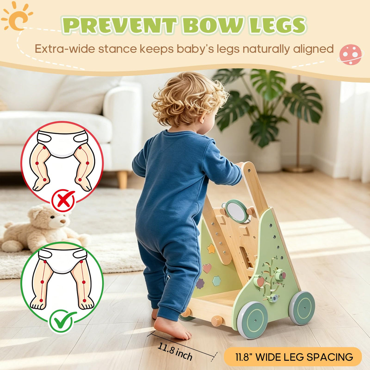 Brownroot Wooden Baby Walker with 10-in-1 Activity Center Adjustable Height Montessori Toddler Push Toy with Xylophone, Shape Sorter Gears for 1 2 3 Year Old Boys Girls