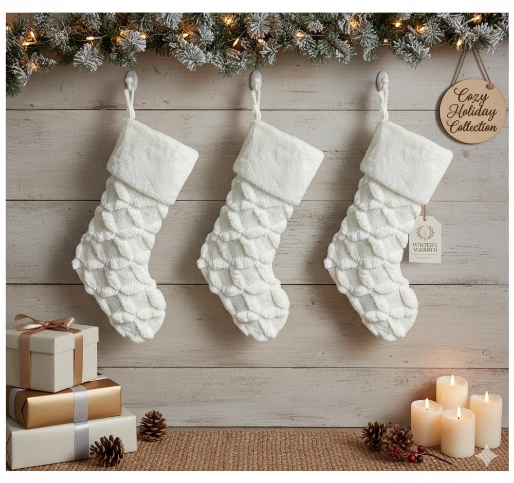 AISENO 3 Pack 20 Inch Faux Fur Christmas Stockings Cable Knit Knitted Thick Decoration for Merry Christmas Party Xmas Home Decorations