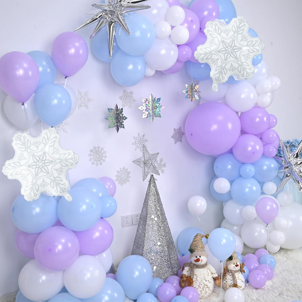 Winter Wonderland Balloon Arch Garland Kit, Baby Blue Purple Balloons with Spike Star Snowflake Foil Balloons for Ice Wonderland Christmas Baby Shower Snow Princess Birthday Party Decorations Supplies