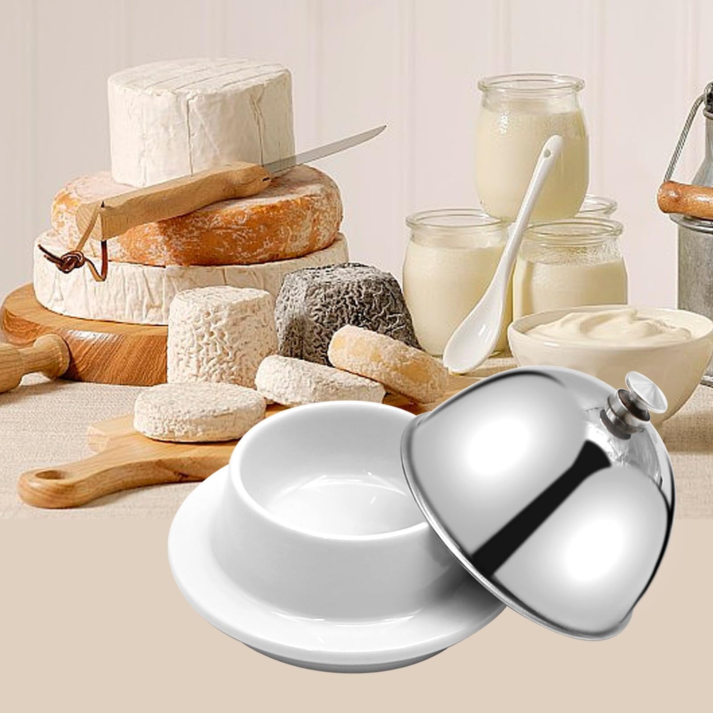EATAKWARD Ceramic Butter Dish with Stainless Dome Cover, Cheese Dish with Lid, Small Cheese Plate Serving Tray with Silver Handled Lid for Countertop, Dessert, Cupcake, Cream Cake, Appetizer