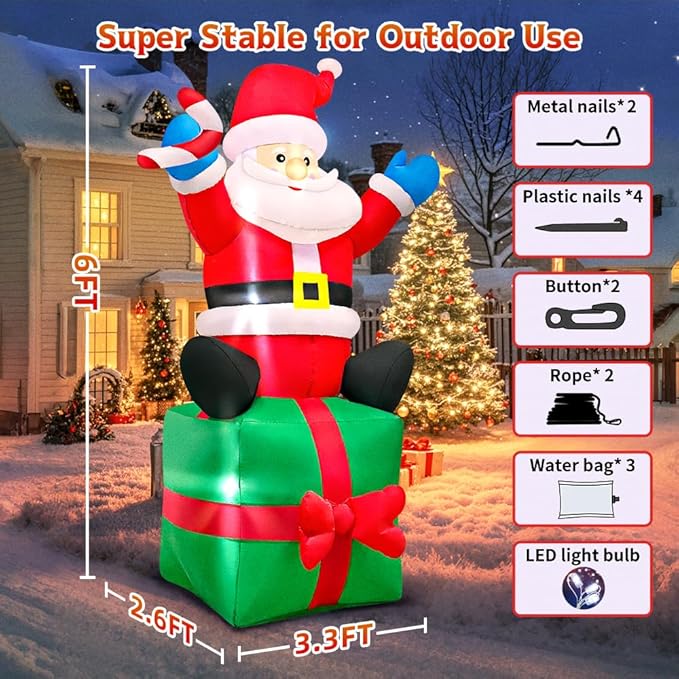 KOOY 6FT Christmas Santa Inflatables Outdoor Decorations Santa Claus with Gift Box Blow Up Yard Decorations,Built-in LED Lights for Outdoor Christmas Party Yard Garden Lawn Xmas Decoration