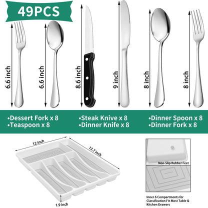 49-Piece Stainless Steel Silverware Set with Cutlery Organizer, Service for 8 with Steak Knives and Kitchen Utensils