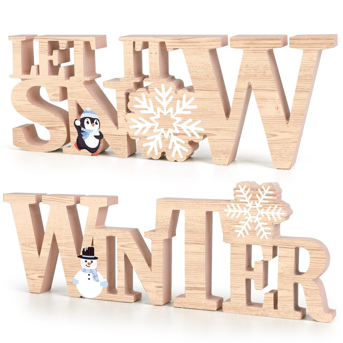 COCHIE Wooden Winter Let It Snow Sign, Snowflake Winter Decorations for Home, Office, Shelf, Mantel, Indoor, Blue White Wood Table Top Party Decor (Brown)