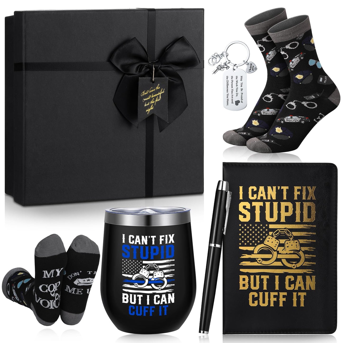 Reallnaive 6 Pcs Police Officer Gifts for Men Law Enforcement Gifts 12 oz Stainless Steel Cup Socks Keychain Pen Notebook Box for Correctional Officer Cop First Responder Policeman Gear Accessories