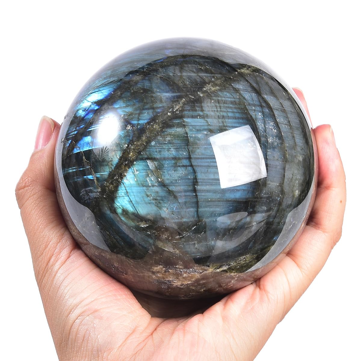 MOGEMT Labradorite Crystal Ball with Stand Large Crystals Sphere Decorative Ball Meditation Witchcraft Home Decor 90-100mm/3.5-3.9"