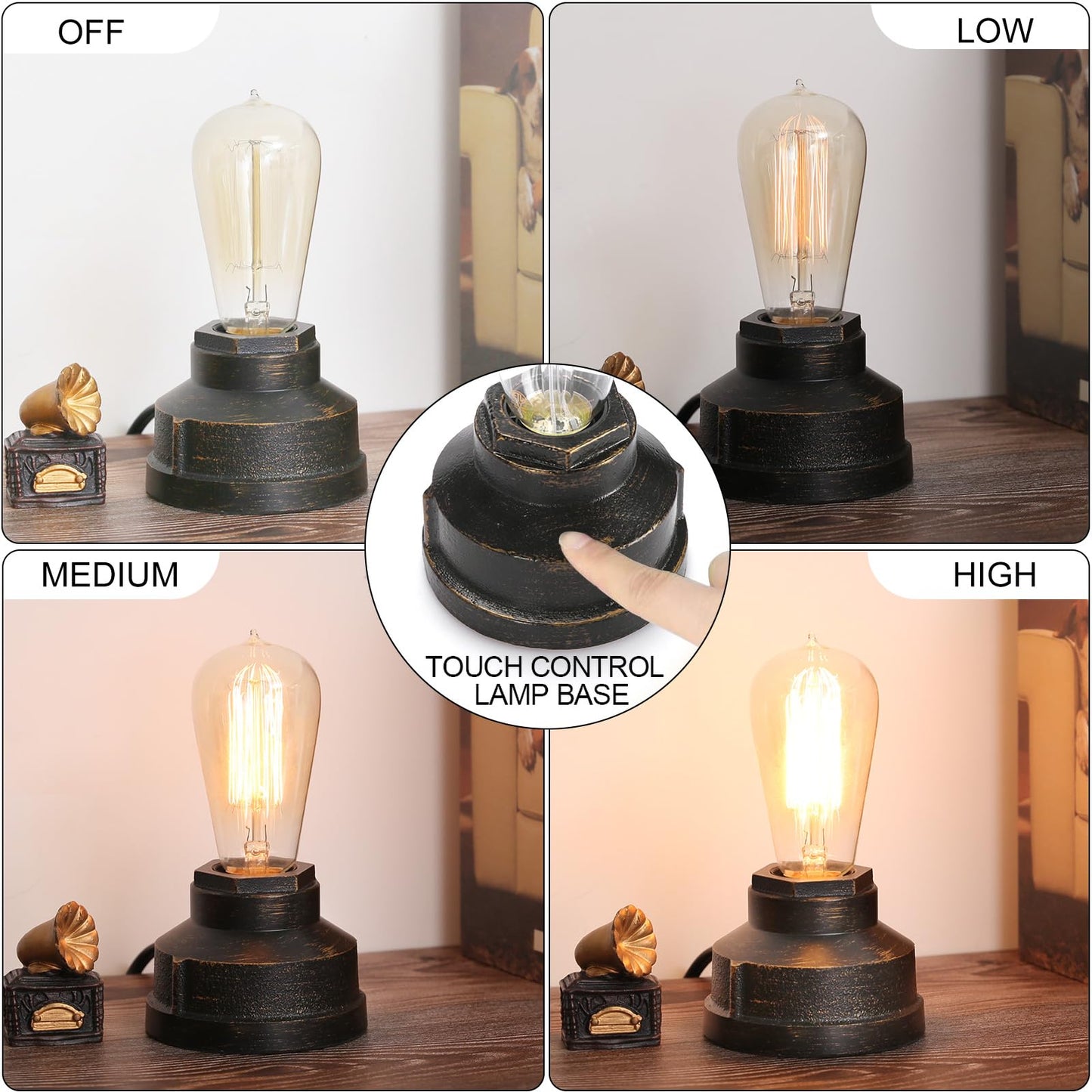 Boncoo Small Touch Control Table Lamp Base, Industrial Touch Light Vintage Edison Bulb Base, Dimmable Bedside Nightstand Accent Light for Living Room Bedroom, Antique Steampunk Style