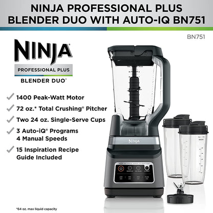Ninja BL660 Professional Compact Smoothie & Food Processing Blender, 1100-Watts, 3 Functions -for Frozen Drinks, Smoothies, Sauces, & More, 72-oz.* Pitcher, (2) 16-oz. To-Go Cups & Spout Lids, Gray
