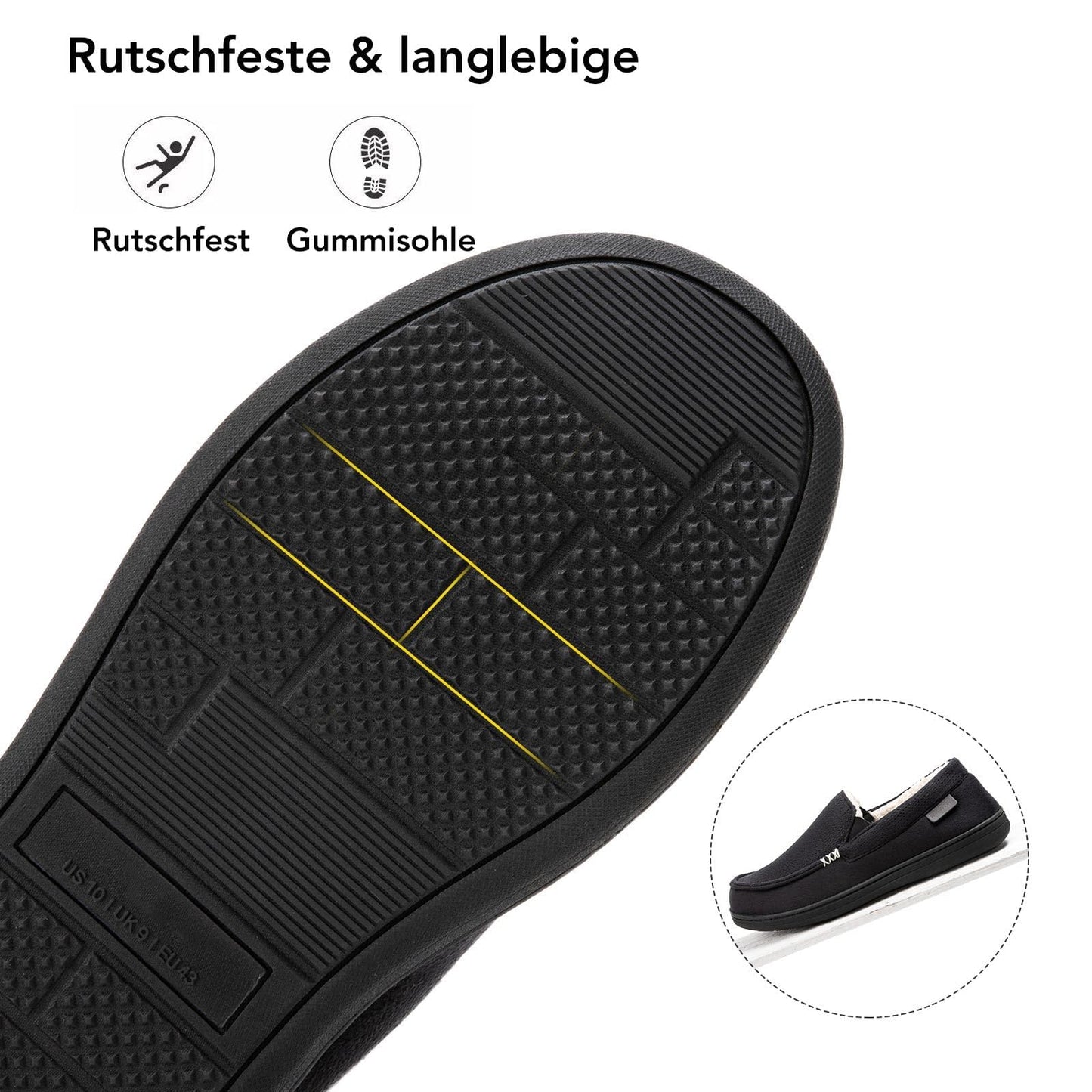 VeraCosy Men's Women's Comfy Suede Memory Foam Moccasin Slippers Warm Sherpa Lining House Shoes with Anti-Skid Rubber Sole, Black /Men, 9 UK Men/ 10 UK Women
