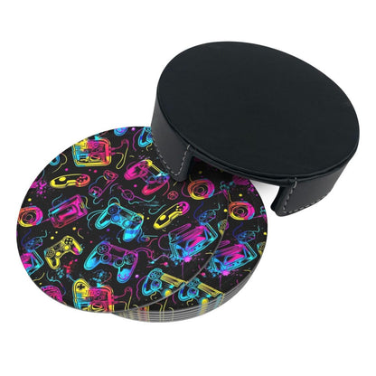 BOXIMIAO Drink Coasters with Holder Stand Set of 6, Bright Game Controller Pu Leather Absorbent Coasters with Cork Base Table Coaster Round Coasters for Housewarming Apartment Kitchen Bar Decor