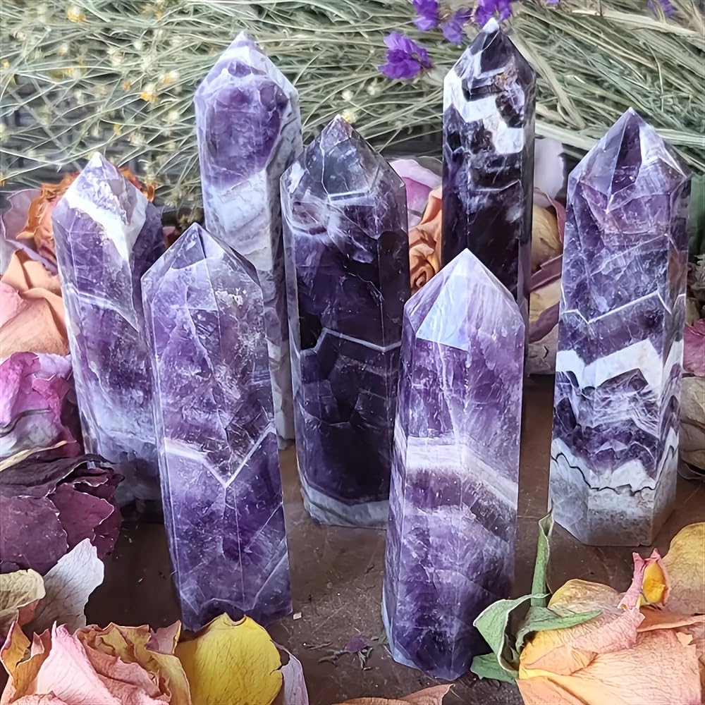 4Pcs 5.9 Inch Natural Crystal Obelisk Tower Set, Polished Hexagonal Point Wand, Obsidian Labradorite Amethyst Tiger's Eye Stone, Reiki Healing Crystal Obelisk Statue, Home Desktop Decor Spiritual Gift
