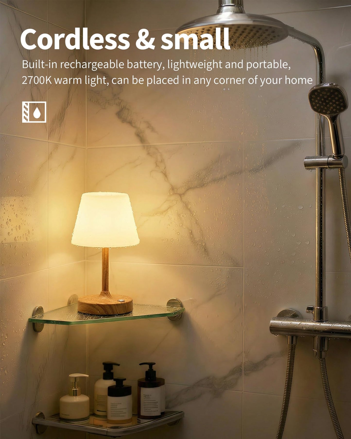 PUSU Cordless LED Wood-Grain Small Table Lamp, Waterproof Shower Light with 4000mAh Battery, Portable Rechargeable Touch Dimming Night Light for Bathroom, Outdoor Camping, Kitchen, Patio, Restaurant