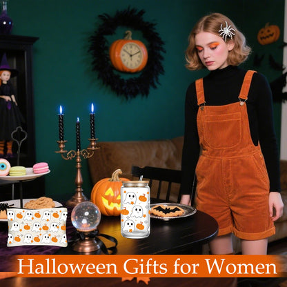 DHQH Halloween Gifts for Women, Cute Halloween Boo Birthday Gifts Set for Sister Friends Teacher, Boo Basket Stuffers with 16 oz Glass Cups