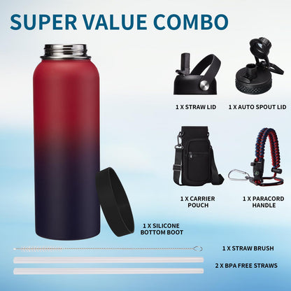 VICKNIY 40 OZ Insulated Water Bottles with Straw Lid, Stainless Steel Water Bottle for Men Women, Wide Mouth Water Flask Sports with Shoulder Carrier Bag, Paracord Handle, Straw & Spout Lids