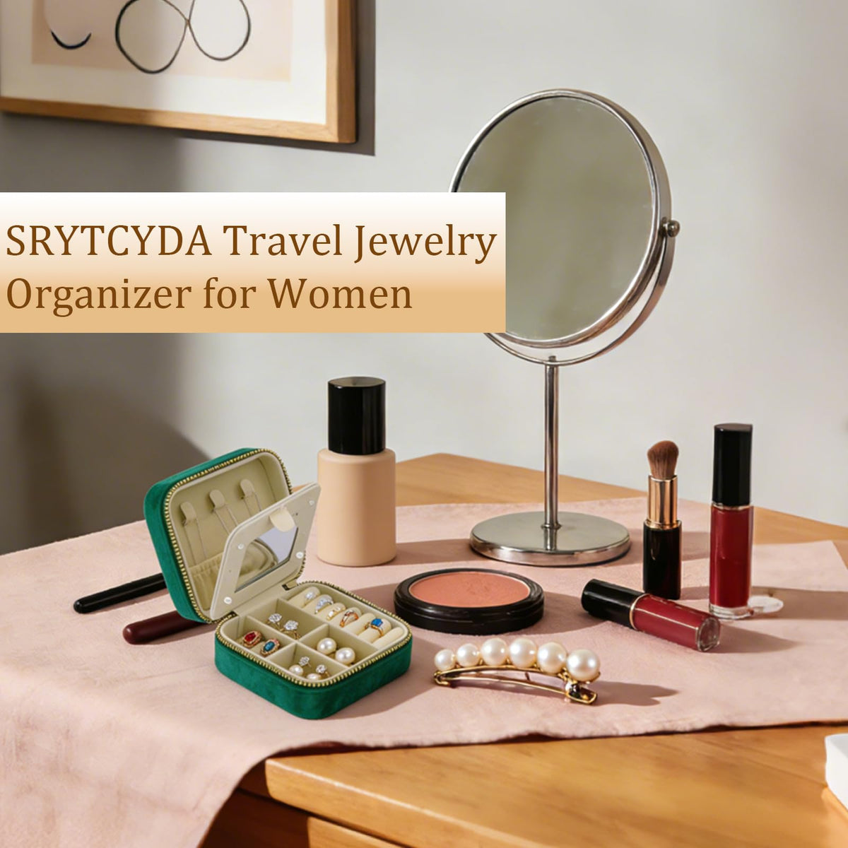 SRYTCYDA 4PC Travel Jewelry Box, 3.93" × 3.93" Portable Small Velvet Jewlery Organizers and Storage with Mirror, Travel Jewellery Case Gift for Women for Stud Earrings, Rings, Necklaces (Dark green)
