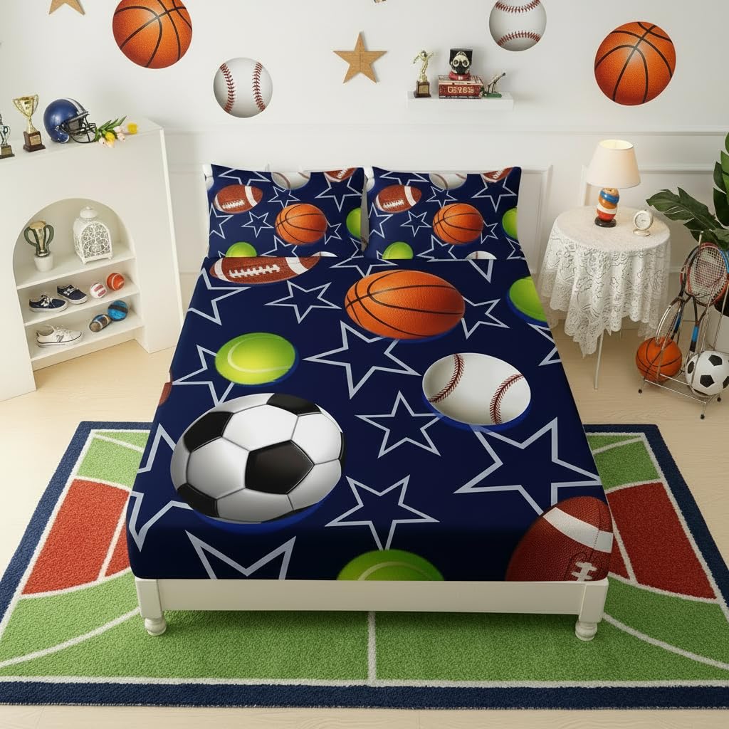 QOOMO Ball Print Kids Sheet Set Full Size,Soccer Basketball Bedding Set Lightweight for All Seasons,Blue Sets for Boy Room Decoration,1 Fitted Sheet,1 Flat Sheet,2 Pillow Cases