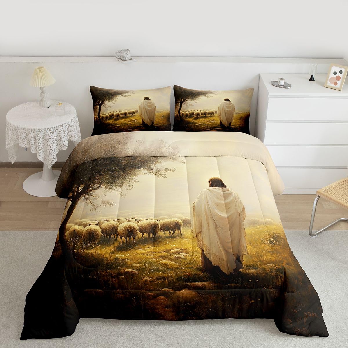 Manfei God and Lamb Girls Bedding Set Twin Size,Spiritual Western Belief Comforter Set,Modern Artwork Bible Verse Quilt Comforter Girls Boys Teens,Yellow Beige Room Decor All Season,1 Pillowcase