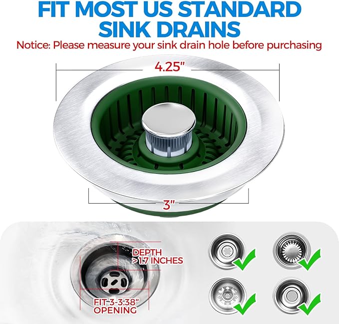 Upgraded 3in1 Kitchen Sink Drain Strainer & Sink Stopper, Stainless Steel