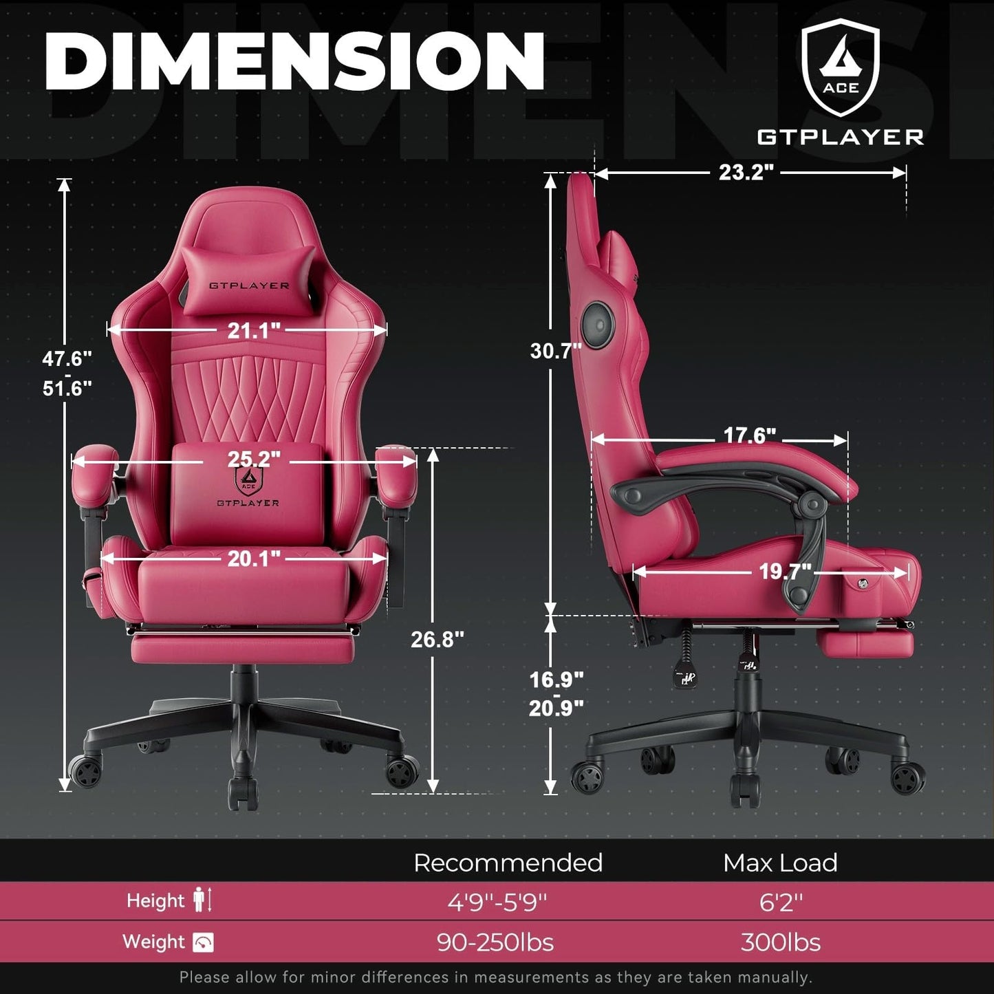 GTPLAYER ACE-PRO Music Gaming Chairs – Built-in Speakers, App Support & Bluetooth Control, Footrest & Pocket, Gamer Chair for Adults, Wine Red