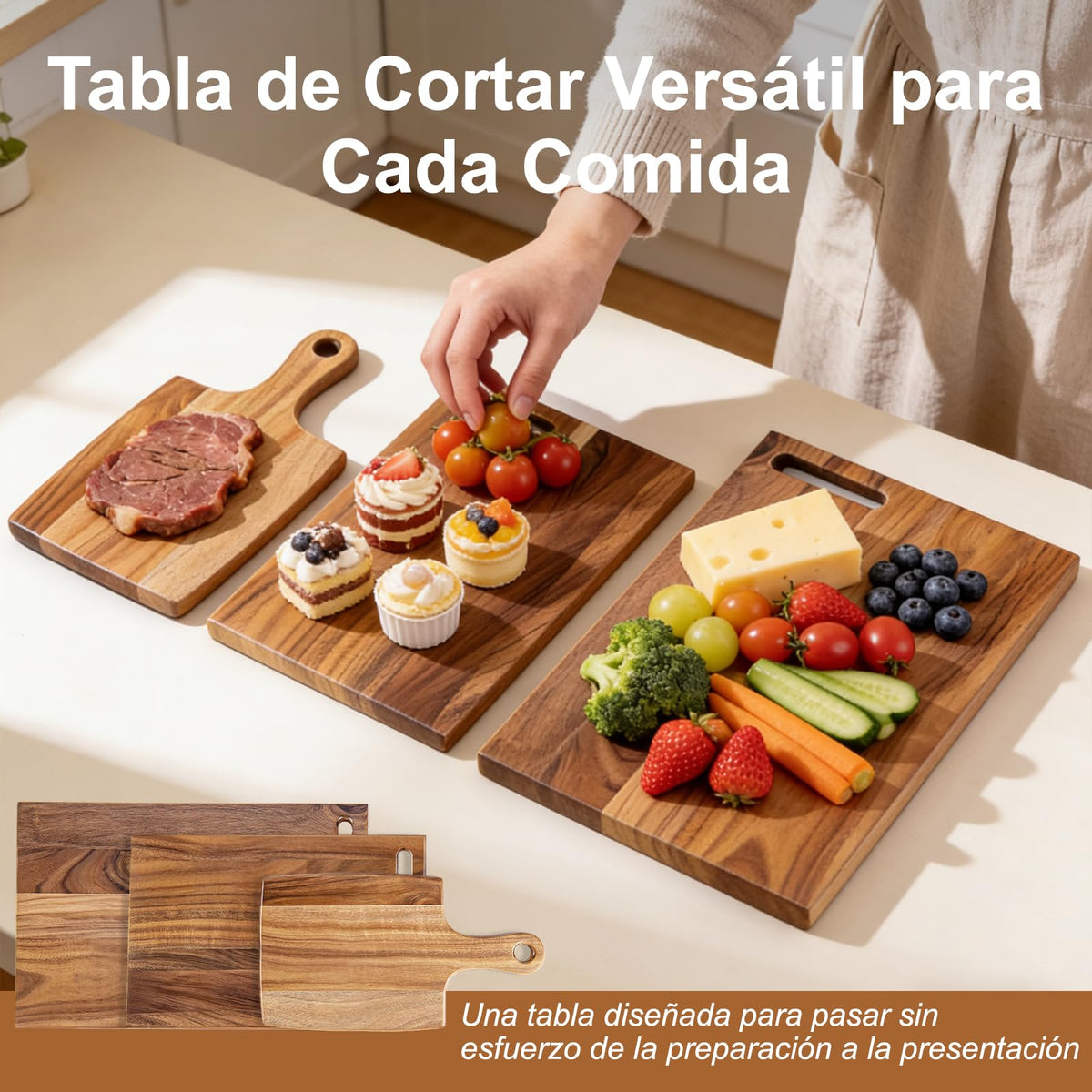Acacia Wood Cutting Board Set of 3 with Stand – Kitchen & Charcuterie Serving Boards, Multi-Size Wooden Chopping Boards for Meat, Veggies & Fruit, Easy Clean & Space-Saving Display
