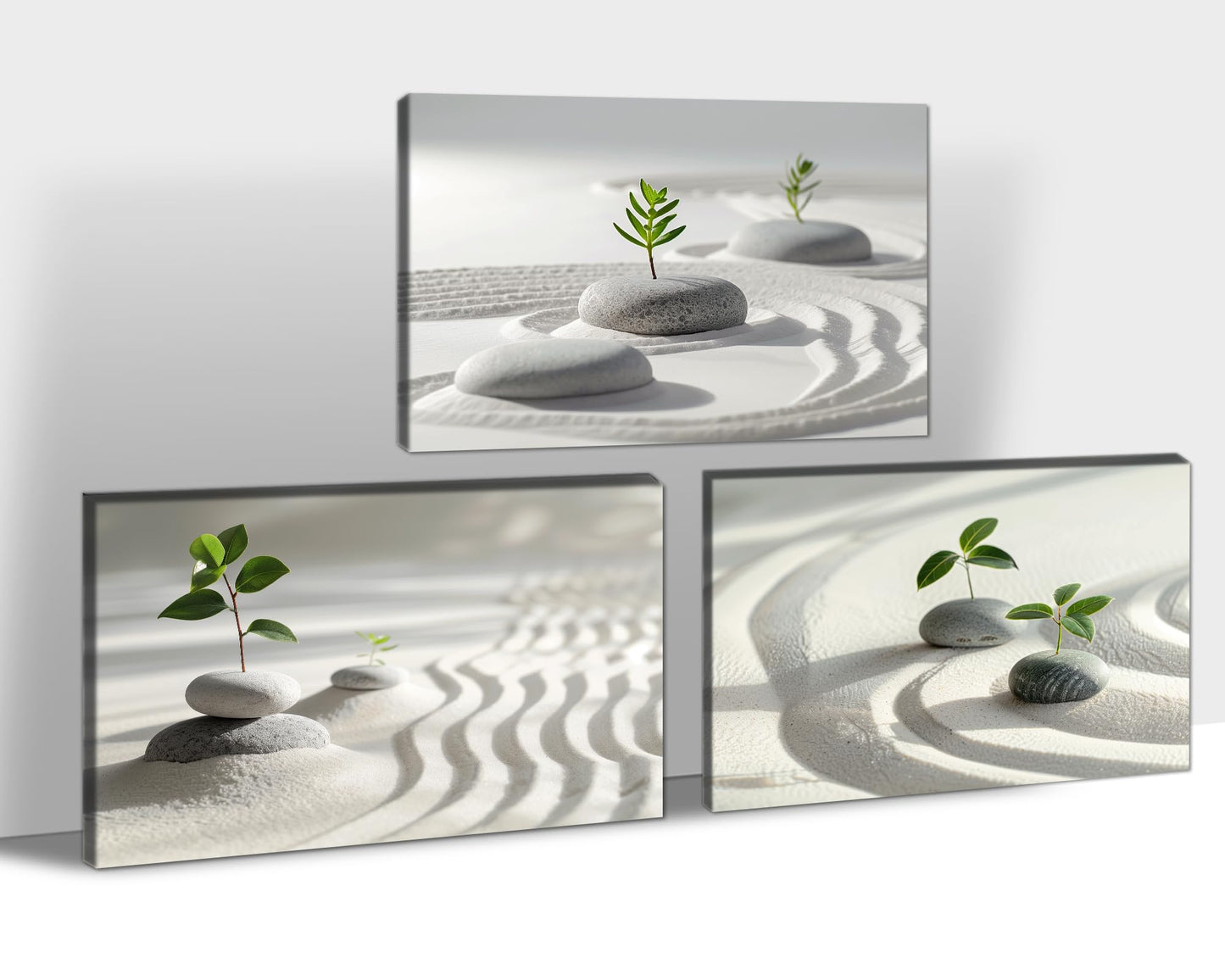 Zen Wall Art, 3 Pcs Stone and Green Leaf Pictures Zen Wall Decor Canvas Print, Yoga Spa Meditation Painting Calming Home Decorations Artwork for Spiritual Room Office Living Room Bedroom Bathroom