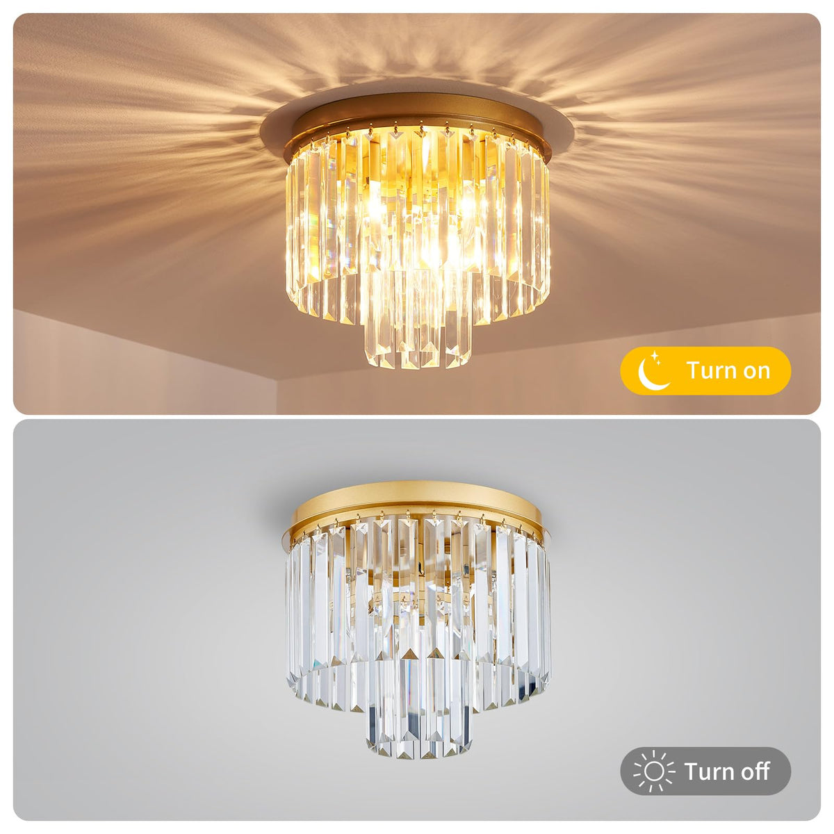 ElegLumi Crystal Ceiling Light, 3-Light Modern Flush Mount Ceiling Light Fixture for Living Room, Dinning Room, Hallway, D12 x H13inch, Brass Finish Frame & K9 Crystal