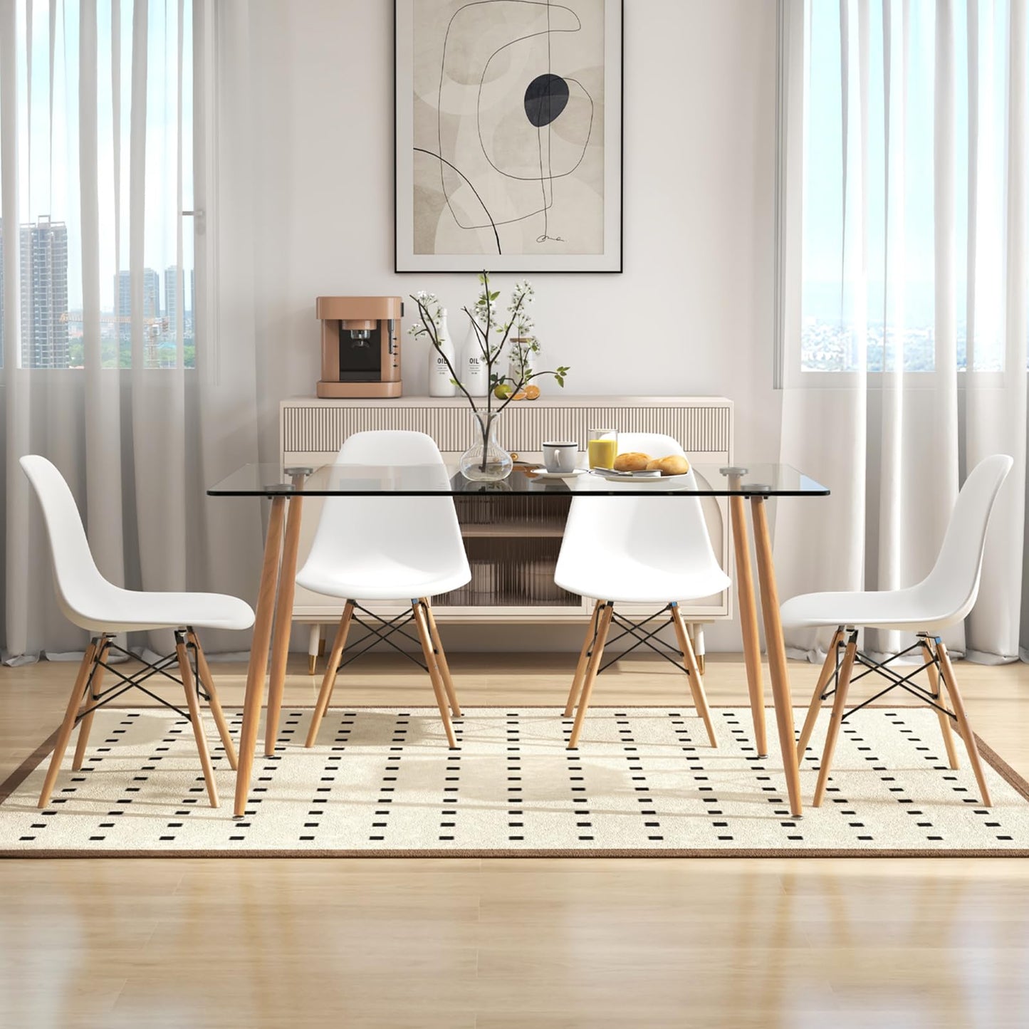 Giantex Dining Table Set for 4, Rectangular Glass Dining Table & 4 White DSW Chairs, 5-Piece Modern Dinette Set for Breakfast Nook, Dining Room, Kitchen, Living Room, White