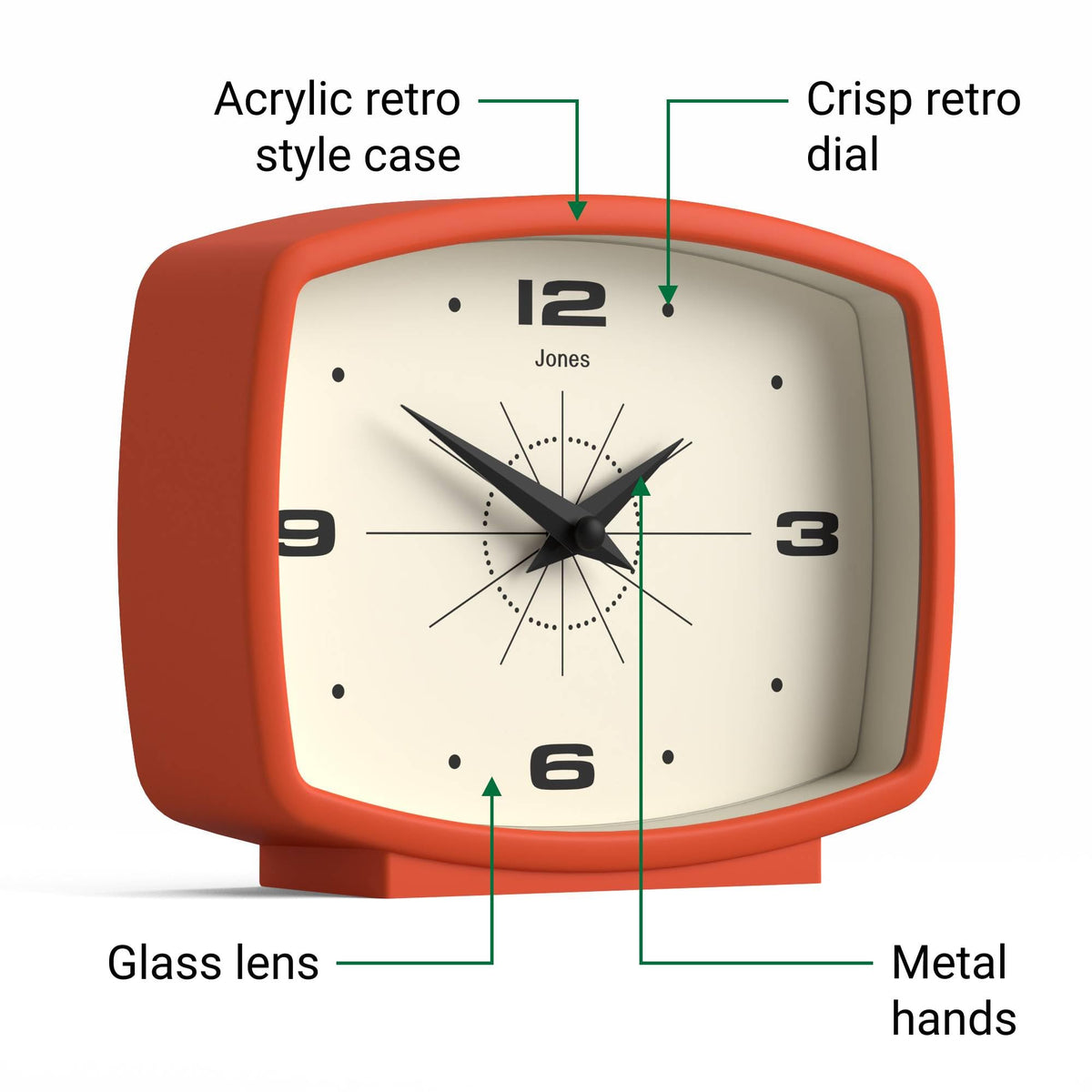 JONES CLOCKS® Film Desk Clock | Retro Rectangular Design | Orange | Retro Design, Blending mid-Century Style with a Punchy Modern Finish for Shelf, Table, Mantel or Bedside