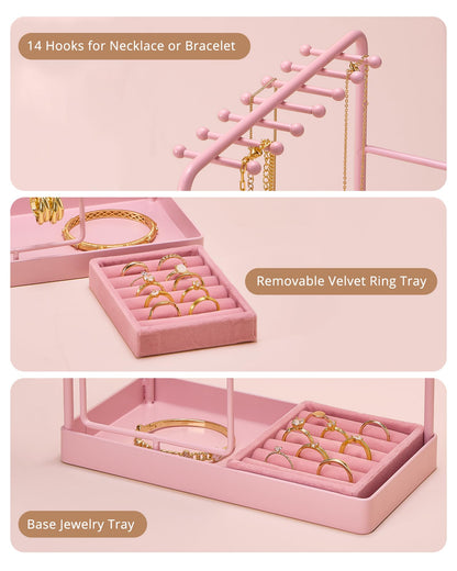 ProCase Jewelry Stand Holder Organizer, Jewelry Display Storage with Ring Tray, Rotating Earring Bracelet Necklace Holder, Valentine's Gifts Room Dorm Decor for Teen Girls -Pink (No-Assembly)
