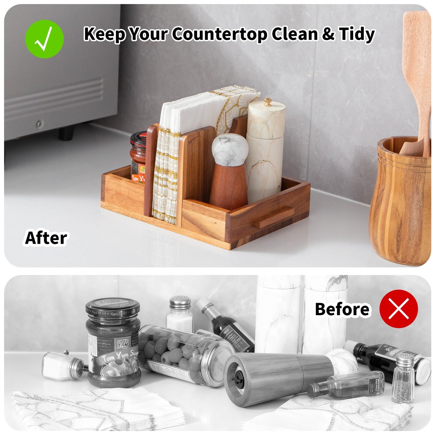 Napkin Holder, Acacia Wood Napkins Holder for Kitchen with Storage Function to Organize Salt and Pepper Shakers, Standing Napkin Dispenser for Decor Dining Room Party Cocktail Restaurant Outdoor Use