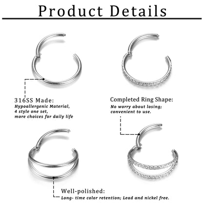 Dochais 4 Pieces Nose Ring 18G, Septum Ring Clicker, Nose Ring Stainless Steel, Septum Piercing Jewellery, Daith Piercing Hoop for Women Men Silver 8mm