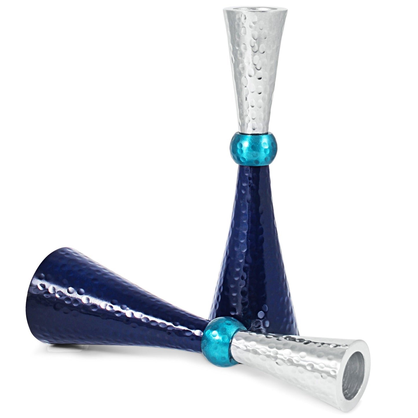 Zion Judaica Classic Candlestick Holders Set of 2 - Anodized Metal Hammered Finish - Fits Thick Tapered and Shabbat Candles - Blue Tones and Silver