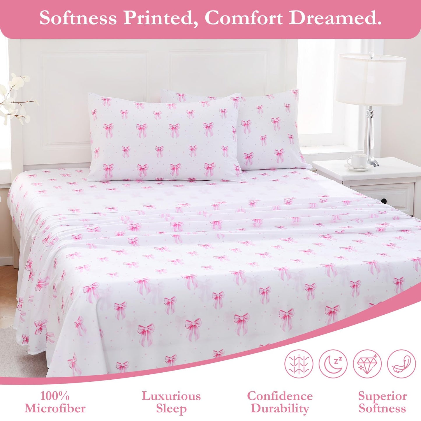 MICORAL Boho Floral Queen Sheet Set, 4-Piece Printed Botanical Bed Sheets, 16" Deep Pocket, Ultra Soft & Cooling Sheet, Oeko-TEX Certified, Pink Bow