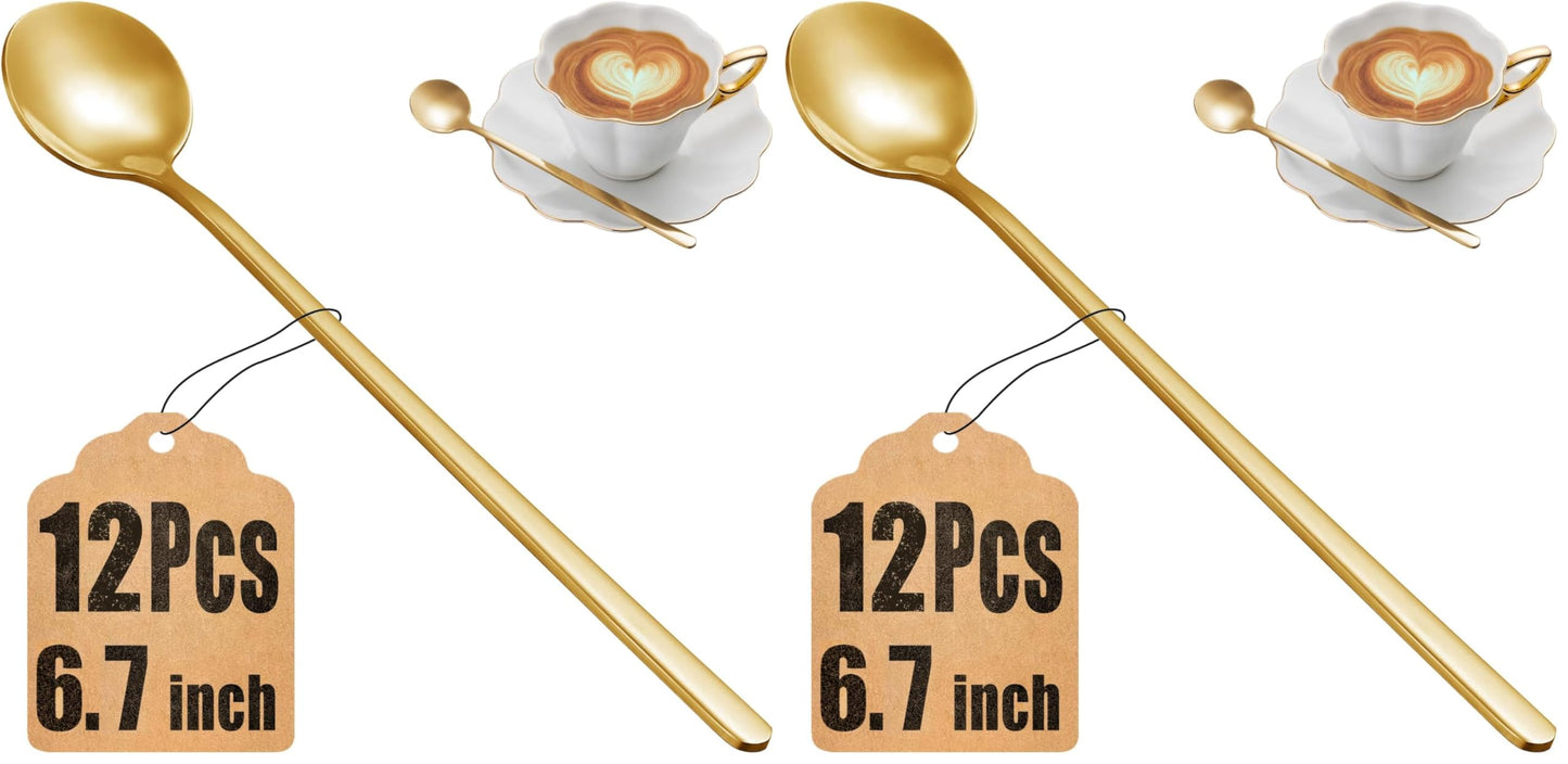 12 Pcs Coffee Spoons Set, 6.7" Gold Tea Spoons Long Handle, Gold Small Teaspoons, Stainless Steel Espresso Spoon, Long Spoon for Stirring, Coffee Bar Accessories (Pack of 2)
