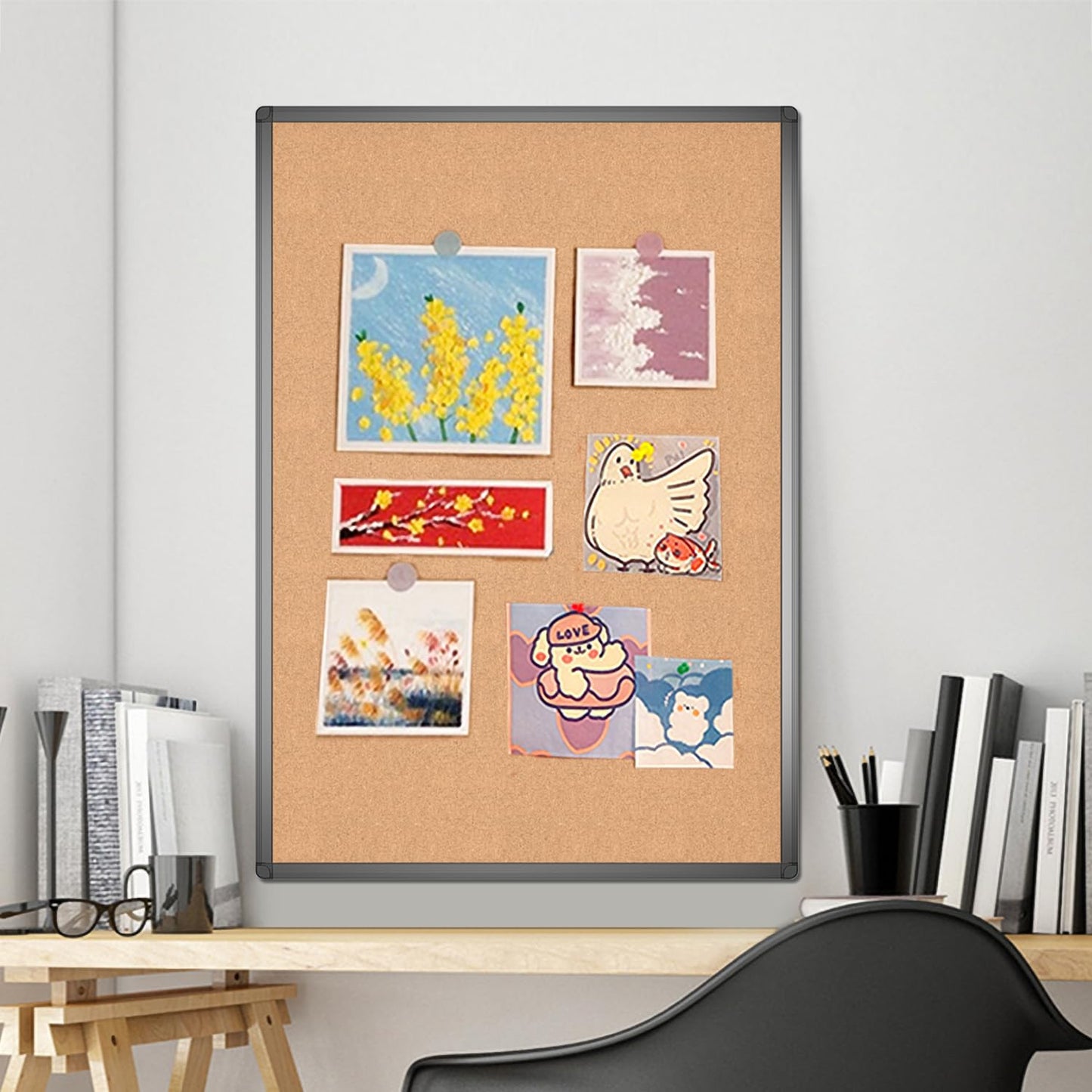 VIZ-PRO Cork Notice Board, 90 X 60 cm, Cork Bulletin Board with Black Aluminium Frame