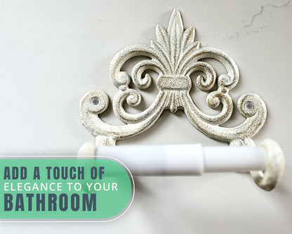 Comfify Fleur De Lis Cast Iron Toilet Paper Holder – Wall Mounted Tissue Dispenser – European Vintage Design – 7.28" x 6.29" x 3.74" – Includes Screws and Anchors – Antique White