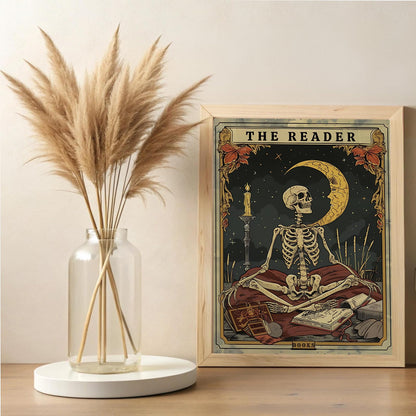 Tarot card wall art Skeleton Reader Tarot Picture Decor Library Reading Room School Decor Book Lover Witchy Gothic Halloween Canvas Paintings Gifts for Readers Book Lovers Gifts 16x24inch Unframed
