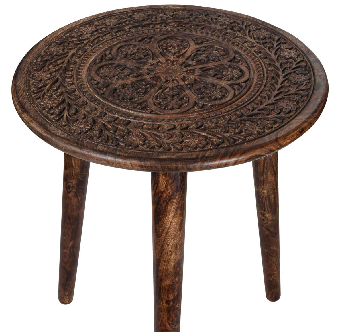 Side Tables Round with 3 Legs-Small Drink Table for Small Spaces, Modern Accent Nightstand with Hand-Carved Top & Solid Wood end Tables for Living Room, Bedroom,Office – Burnt Finish_18x22