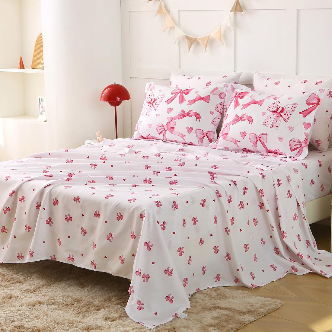 Gusuhome Girls Bow Comforter Bedding Set Twin Size 7 Piece Pink Reversible Bowknot Comforter Set Bed in A Bag for Kids Teens All Season (Comforter,Flat Sheet,Fitted Sheet and Pillow Sham)