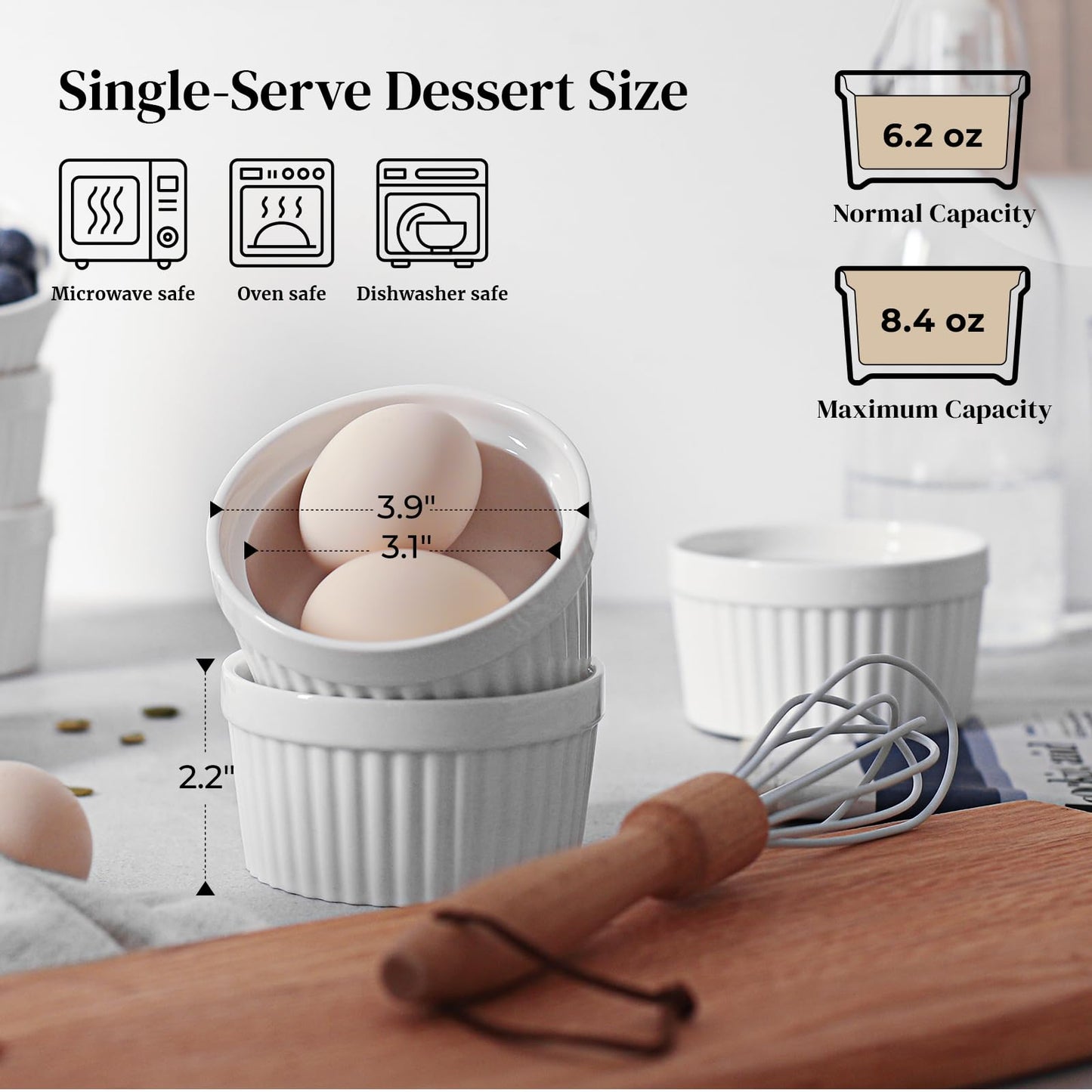 DOWAN Ramekins 6 oz Ceramic Ramekins Set of 6, Oven Safe Souffle Dishes for Air Fryer Baking, Mini Round Baking Cups for Creme Brulee, Dipping Sauces, Desserts and Prep Bowls, White