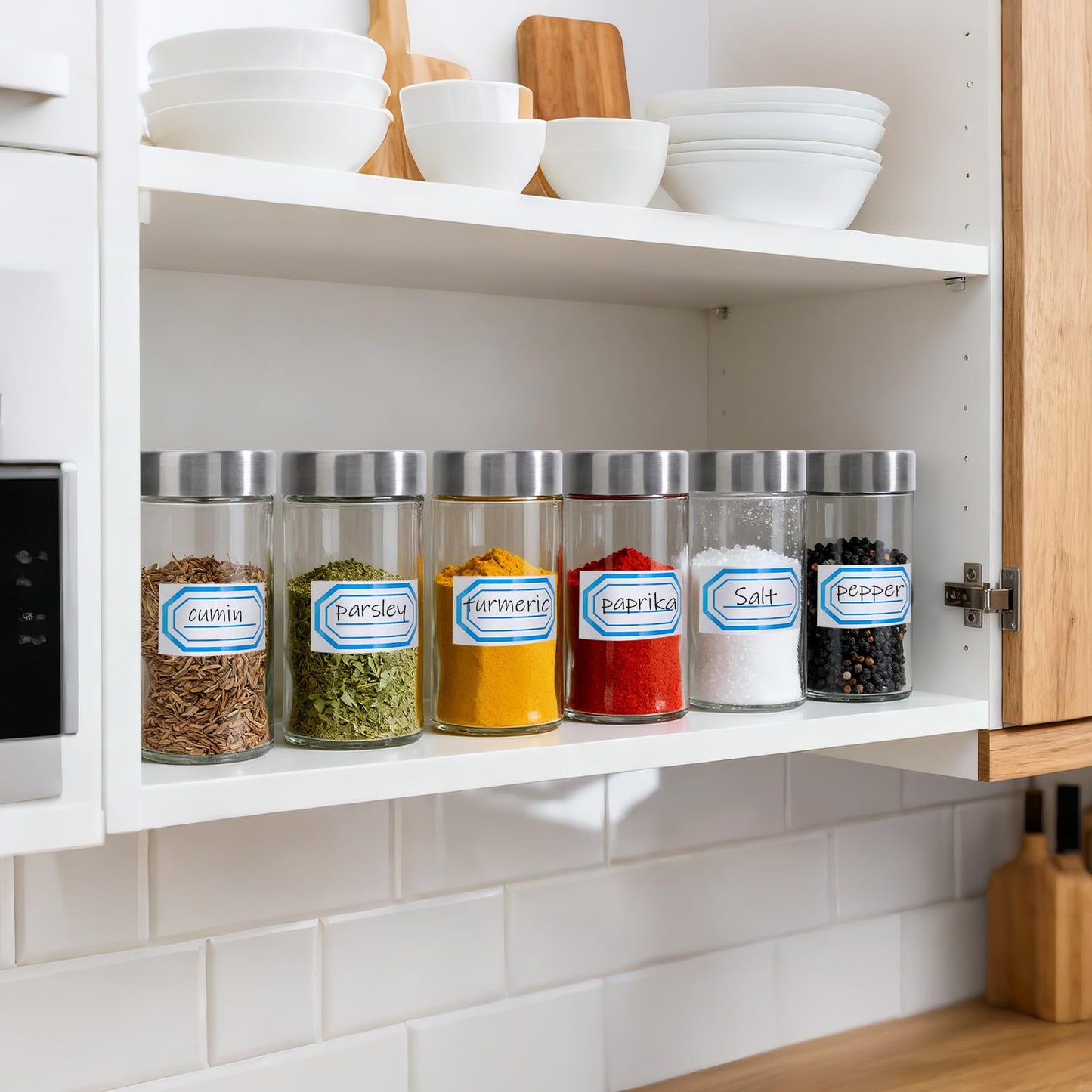 Segarty 3oz Spices Jars with Stainless Steel Lids, 6 PCS 90ml Empty Round Spice Containers, Clear Glass Seasoning Organizers for Spices Storage, Small Salt and Pepper Shaker with 7 Stickers, 1 Brush
