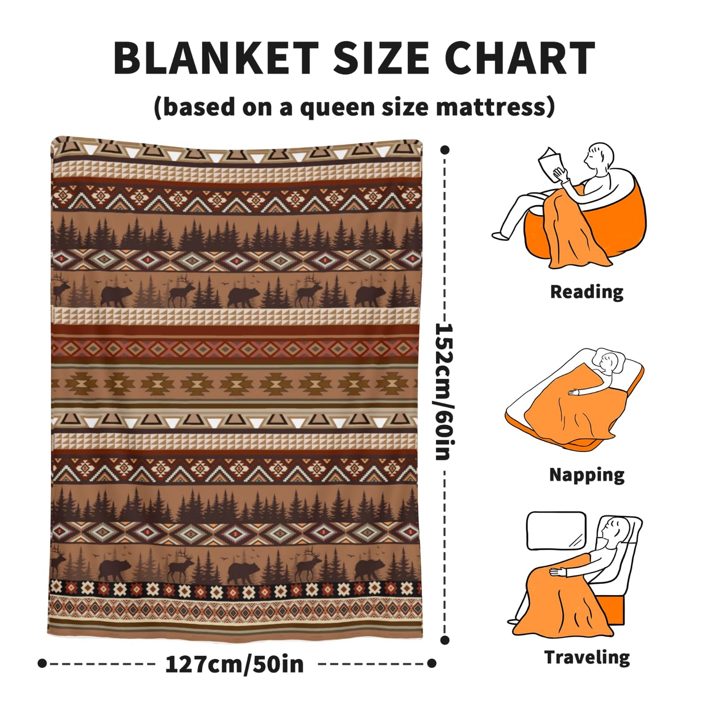 Arktrident Rustic Bear Deer Throw Blanket Boho Ethnic Soft Flannel Bed Blankets Plush Warm Lightweight Couch Cover for Bedroom Living Room 50X60 Inch